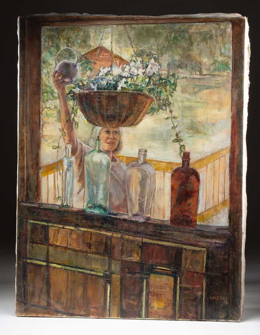 Arthur Knebel Painting "Watering Plants" (1986): Arthur Knebel (American, 1925-2013). "Watering Plants" oil on canvas, 1986. Signed and dated at lower right. A quiet domestic moment becomes a study in light, balance, and reflection in Arthur Knebel'