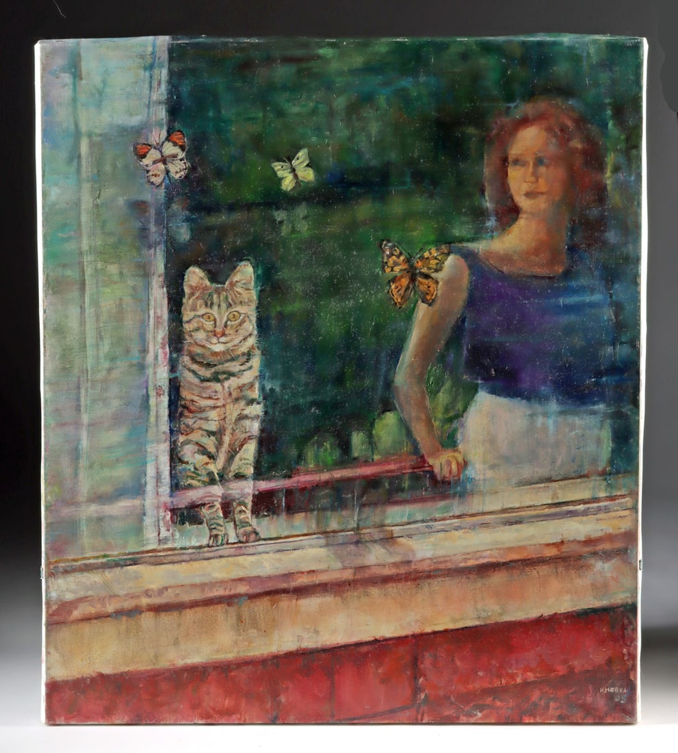 Arthur Knebel Painting - Woman, Cat & Butterflies: Arthur Knebel (American, 1925-2013). Woman with Cat and Butterflies. Oil on canvas, 2005. Signed and dated at lower right. A contemplative and dreamlike composition, "Untitled (Cat and Woman at Window