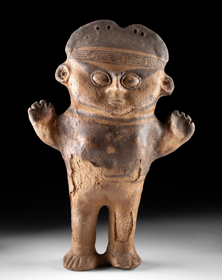 Chancay Pottery Stargazer Figure - Standing Female: Pre-Columbian, Peru, North Coast, Chancay culture, ca. 1000 to 1470 CE. A wonderfully direct and unflinching Chancay figure, this standing female 'stargazer' turns her face slightly upward, as if list