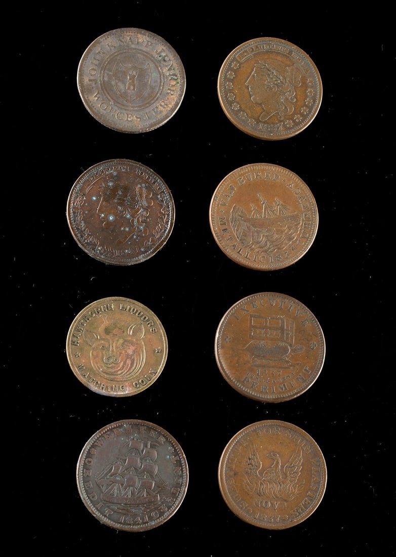 1837 Hard Times Copper Emergency Trade Tokens: United States & England, ca. early 19th & mid-20th century CE. A collection of eight copper Hard Times tokens and related trade pieces issued during periods of economic instability. The American examp