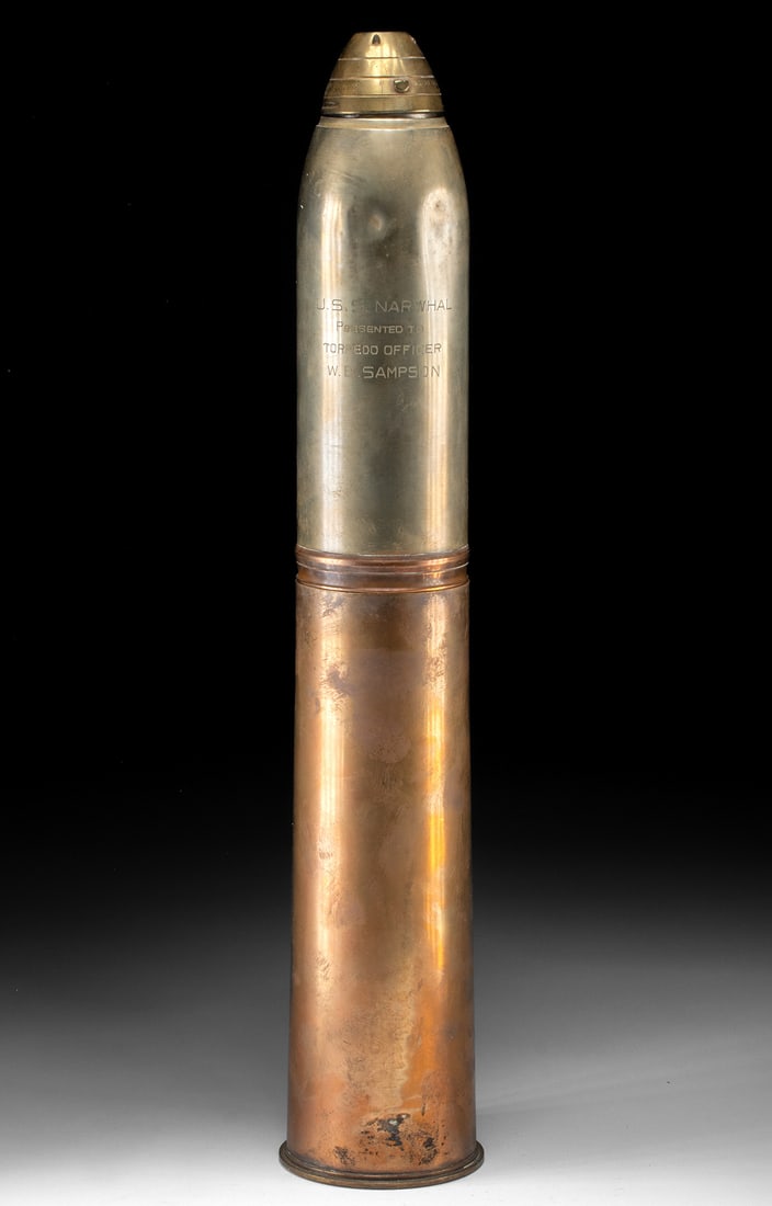 1917 Gorham Cocktail Shaker Shrapnel Shell 18 Pounder: United States, ca. 1917 to 1918 CE. A cocktail shaker designed by the Gorham Manufacturing Company in the realistic form of a World War I eighteen-pounder shrapnel shell. Constructed of brass and copp