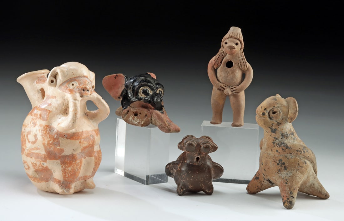 5 Pre-Columbian Whistles, Recuay, Veracruz & Colima: Pre-Columbian, Northern Highlands Peru, Ancash region, Recuay culture, ca. 200 BCE to 600 CE; Mexico, Veracruz culture, ca. 6th to 8th century CE; West Mexico, Colima, ca. 300 BCE to 300 CE; Central A