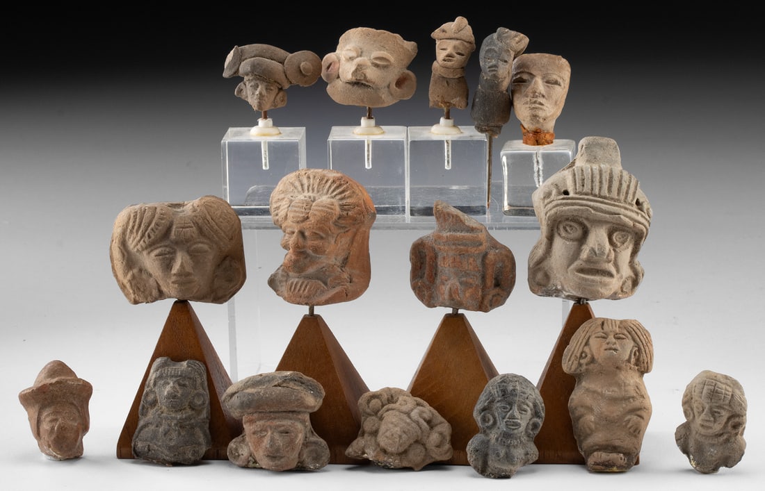 Ancient Mesoamerican 16 Various Pottery Head Collection: Pre-Columbian, Mesoamerica, Mexico, Chupicuaro, Maya, Teotihuacan, and Aztec cultures, Pre-Classic to Post-Classic period, ca. 300 BCE to 1521 CE. A collection of 16 assorted ancient Mesoamerican pott