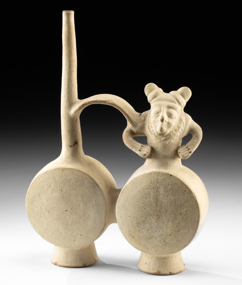 Chancay Double-Chamber Bridge Vessel w/ Seated Figure (1 of 3)