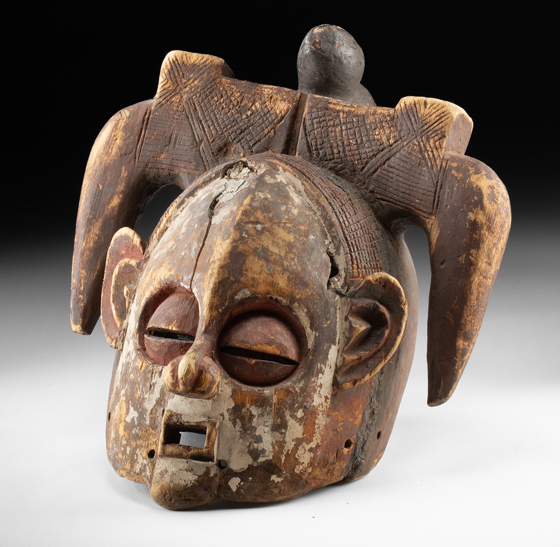 Central African Luba Painted Wood Helmet Mask w/ Horns (1 of 4)