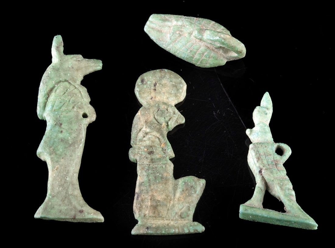 4 Egyptian Faience Amulets - Osiris, Anubis, Ra, & Swan (1 of 2)