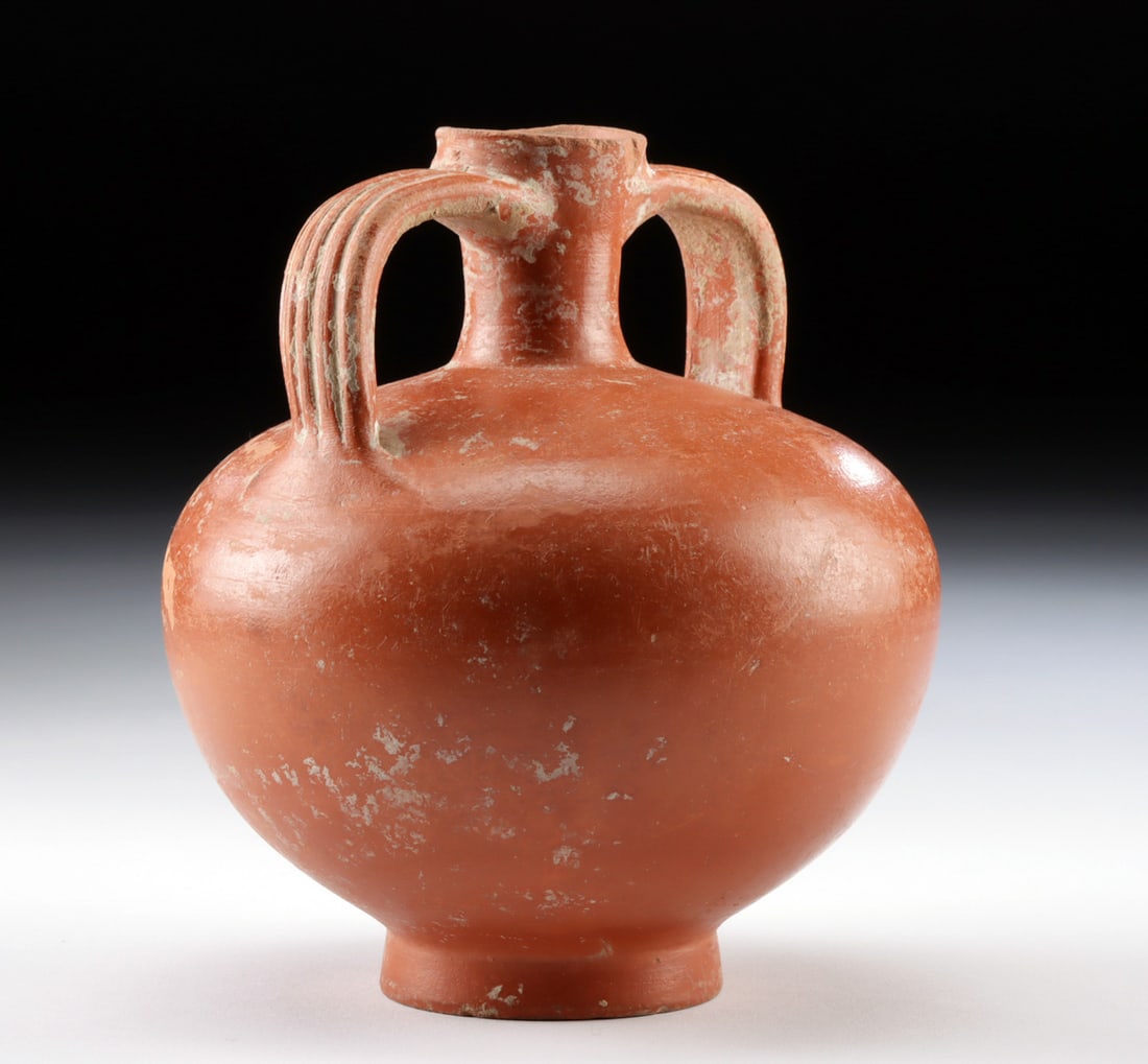 Roman Redware Spouted Vessel, Striated Handles (1 of 5)