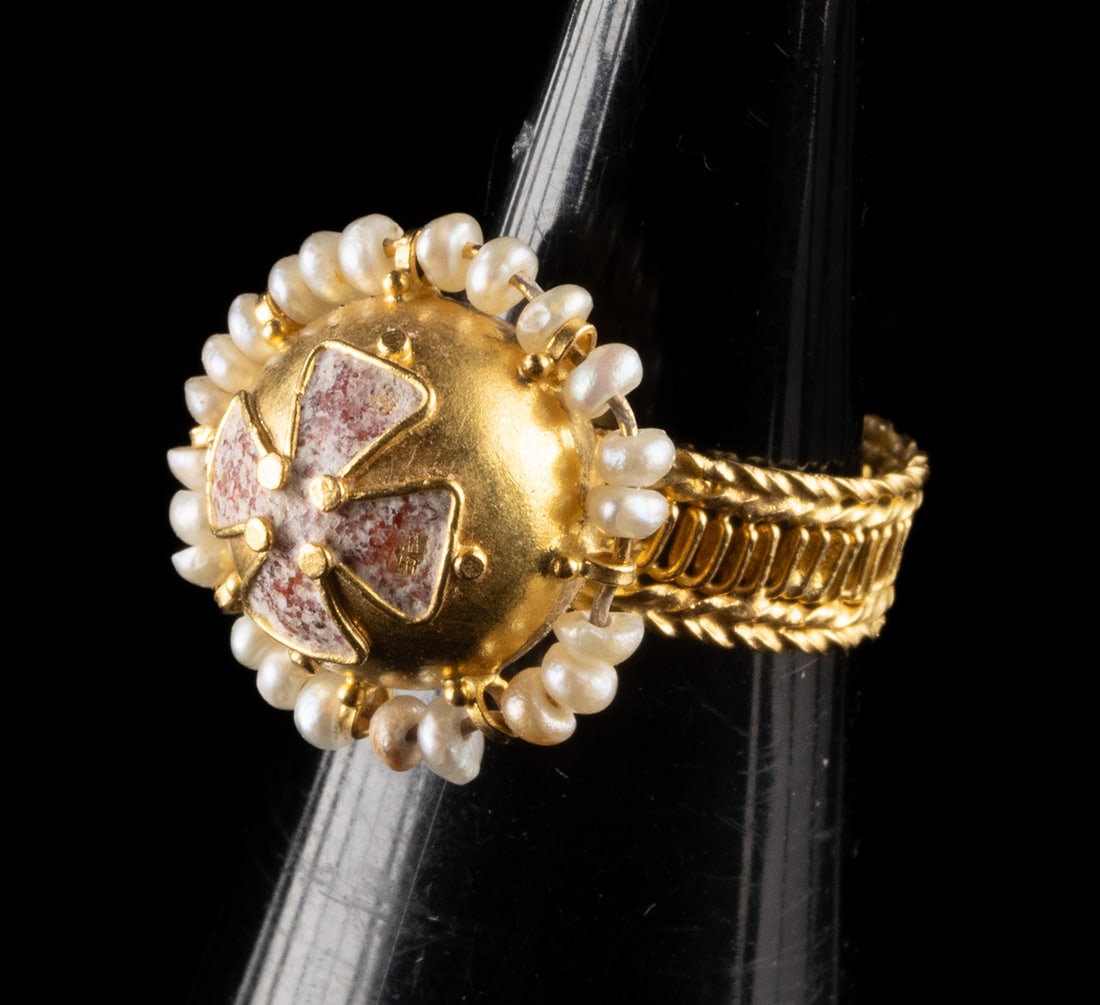 19th C. Ottoman 22kt Gold Ring - Enamel Cross & Pearls (1 of 4)