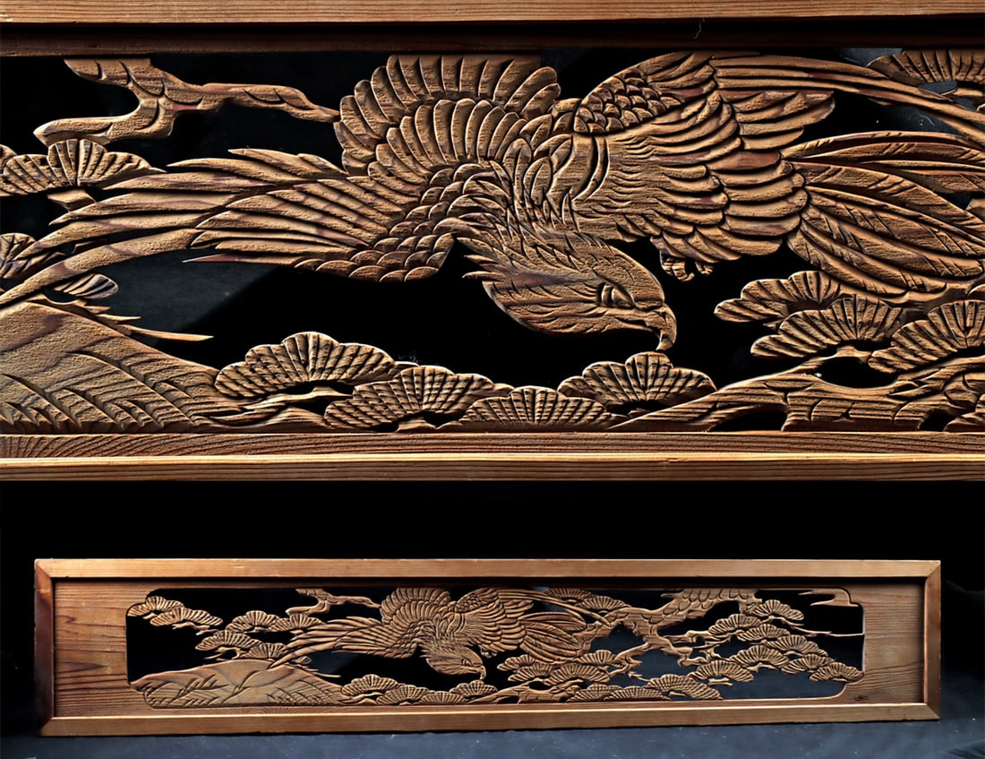 19th C. Japanese Meiji Era Ranma Transom with Eagle: East Asia, Japan, Meiji Period, ca. 19th to early 20th century CE. A carved wood architectural transom (ranma) rendered in openwork with an eagle poised among the gnarled branches of a windswept pine.