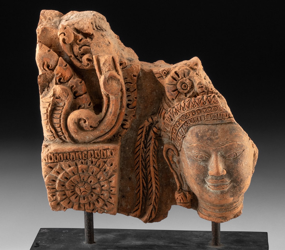 Cambodian Khmer Terracotta Temple Relief w/ Deity (1 of 4)