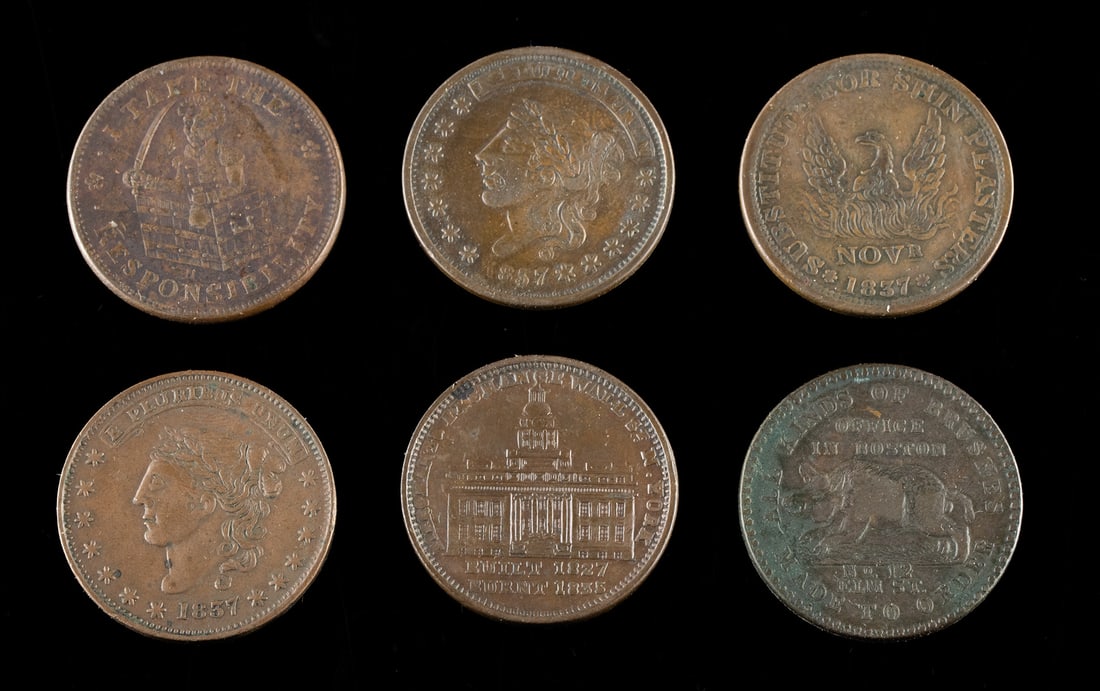 Six American 1837 Hard Times Copper Trade Tokens (1 of 2)