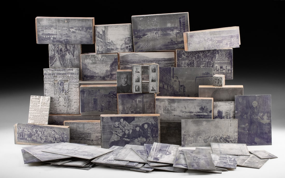 Steel Halftone Plates, Cleofas Calleros El Paso History: United States, ca. early to mid 20th century CE. A collection of steel halftone printing plates, several mounted to wooden type-high blocks for letterpress use, many identifiable as illustrations from