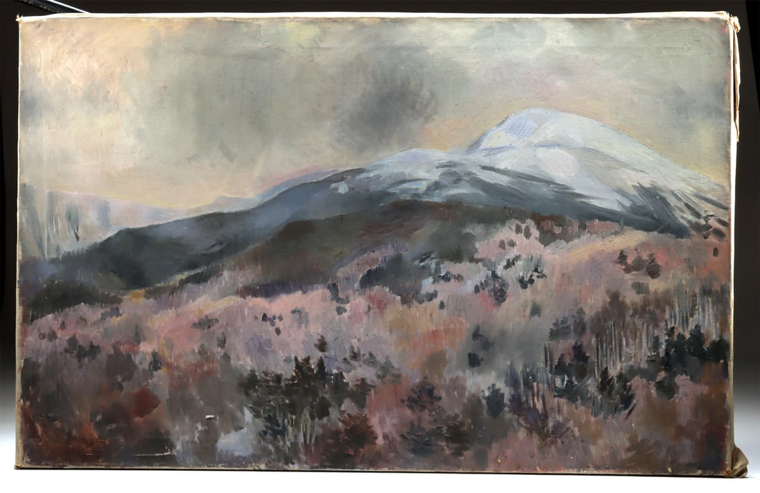Edith Kramer Painting "Mt. Washington Late Fall" (1956): Edith Kramer (Austrian born American, 1916-2014). "Mt. Washington in Late Fall" oil on linen, 1956. Titled and dated on verso. A restrained and atmospheric view of Mount Washington, New Hampshire, ren