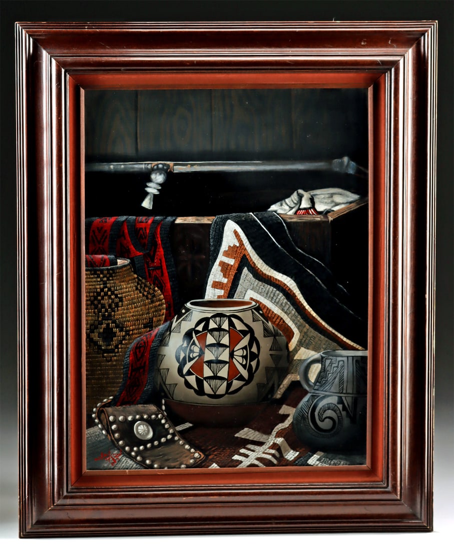 Jerald Sherman Painting - Navajo Pottery Still Life: Jerald Sherman (Navajo / Hopi, b. 1957). Still Life with Pottery and Textiles. Oil on canvas, n.d. Signed at lower left. A beautiful still life painting by Native American artist Jerald Sherman depict