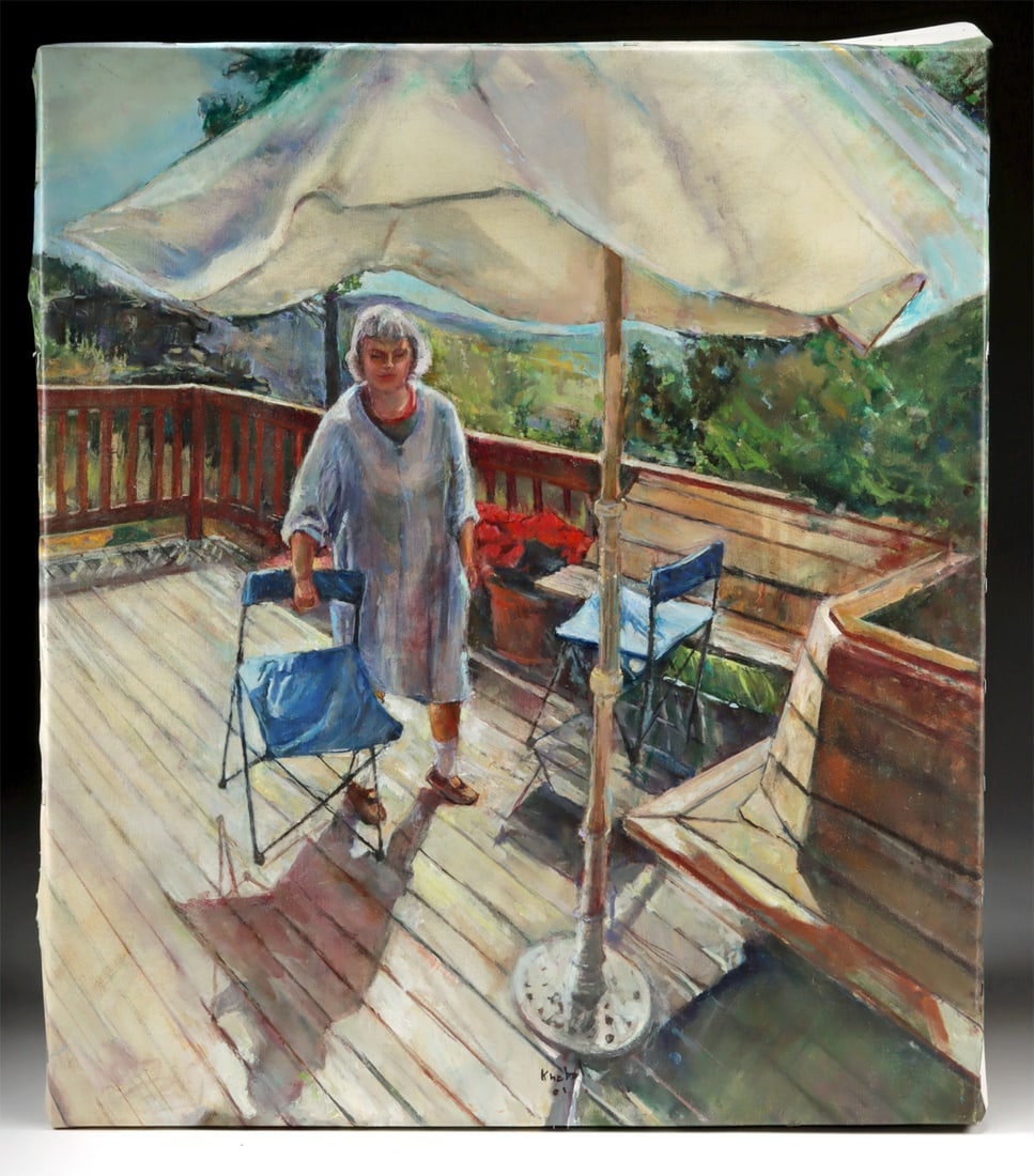 Arthur Knebel Painting "On the Deck II" (2001): Arthur Knebel (American, 1925-2013). "On the Deck II" oil on canvas, 2001. Signed and dated at lower center. A quiet moment unfolds beneath a wide canvas umbrella, where a lone figure pauses on a sunl