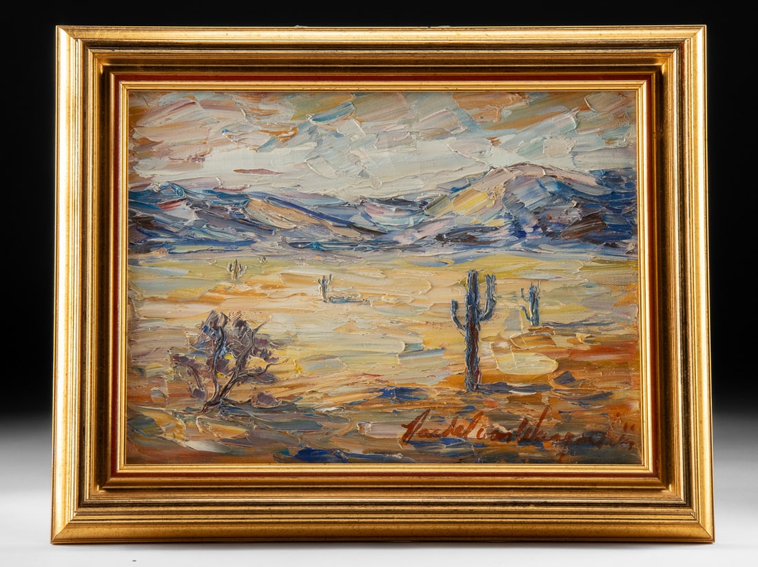 Nachel Van Wanginheim Painting - "Desert Scene": Nachel van Wanginheim (active XX-XXI century). Desert Scene. Palette knife oil on canvas, n.d. Signed at lower right. A blaze of color and texture sweeps across this dynamic desert landscape by Nachel