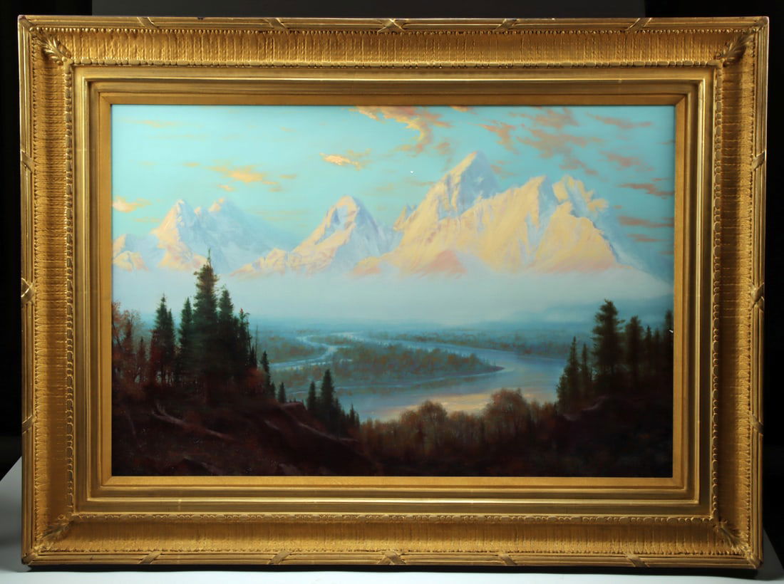 Michael C. Poulsen "Teton Early Morning Glory" (1999): Michael C. Poulsen (American, b. 1952). "Teton Early Morning Glory" hand painted with oils on limited edition giclee on canvas, 1999. Edition 3 of 20. Signed and numbered lower left. Title, medium, da