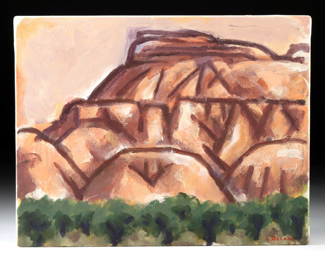 Lockwood Dennis Painting - "Grand Junction" (2002): Lockwood "Woody" Dennis (American, 1937-2012). "Grand Junction" oil on canvas, 2002. Signed at lower right and dated on verso. A rugged skyline of stone and silence rises against a warm-toned sky in t