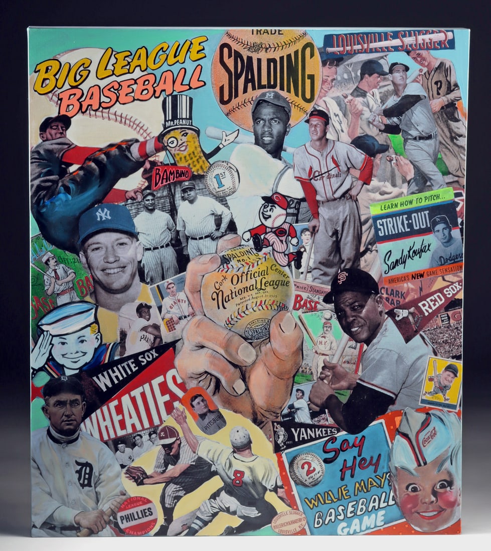 Nelson De La Nuez Mixed Media - "Play Ball" (2004): Nelson De La Nuez (Cuban-born American, XX-XXI). "Play Ball" mixed media print on canvas, 2004. Edition number 22 of 125. Signed, dated, and numbered on verso. A vibrant explosion of nostalgia and cul