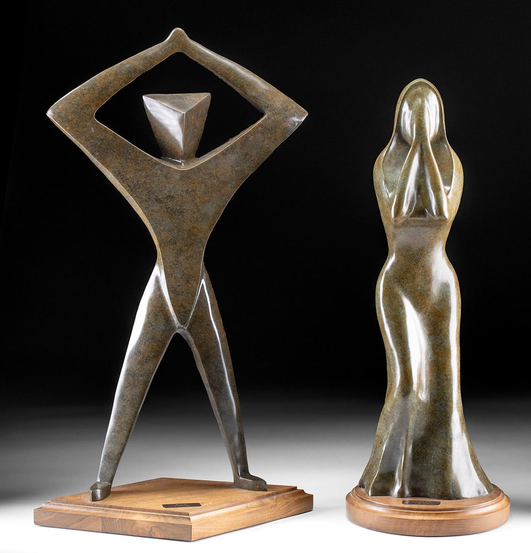 Thelma Weresh Bronze Sculptures - "Man" & "Woman": Thelma Weresh (American, 1919-2016). "Man" bronze, n.d. Edition 1 of 6, signed & numbered on right foot. "Woman" bronze, n.d. Edition 1 of 6, signed & numbered on back hemline. An extraordinary pair o