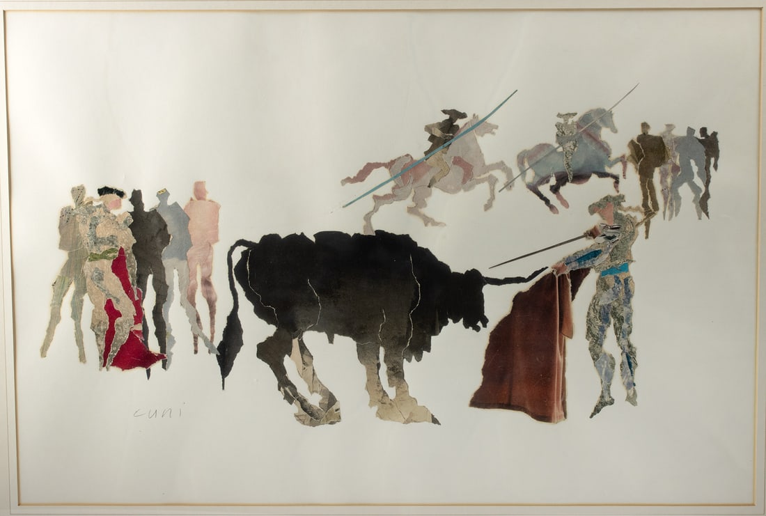 Jose Alfonso Cuni Collage "Bullfight II": Jose Alfonso Cuni (Spanish, b. 1924). "Bullfight II" mixed media collage, n.d. Signed at lower left. In "Bullfight II," Cuni reduces the spectacle of the arena to a taut exchange between mass and line