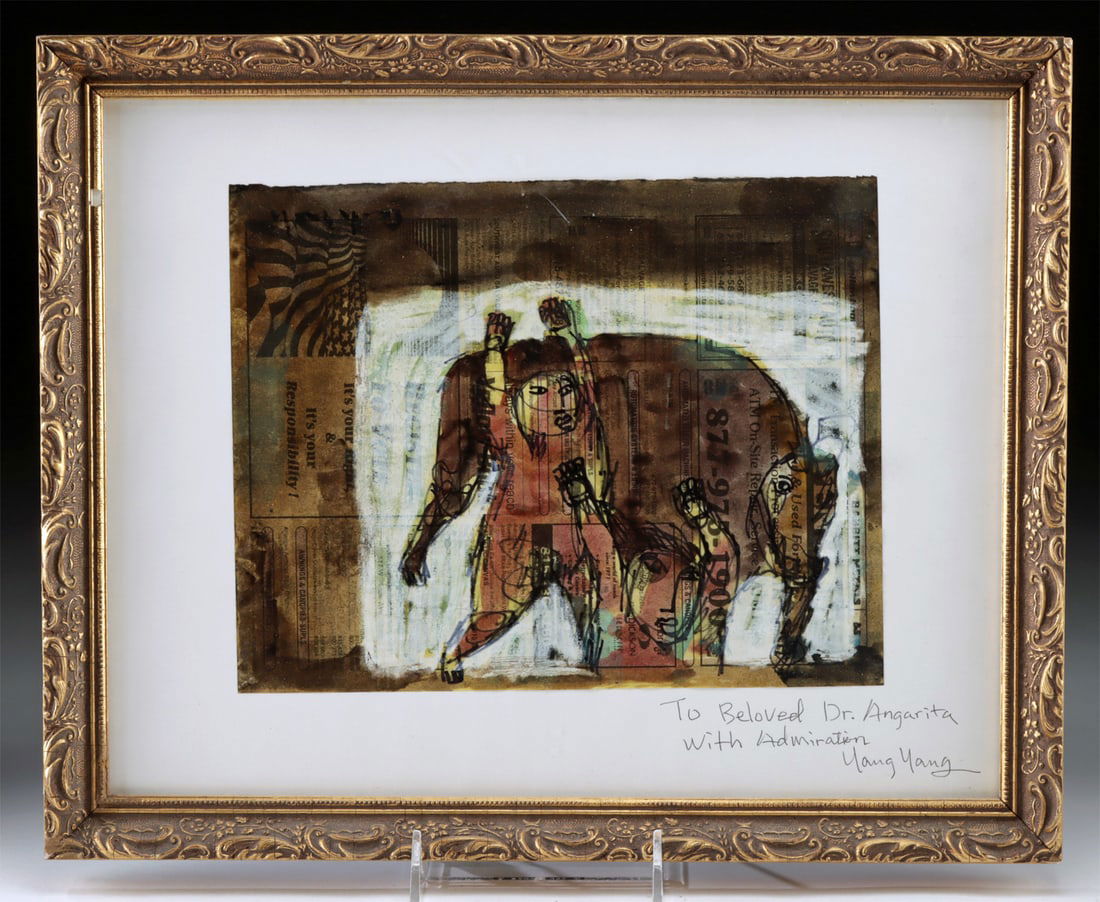 Yang Yang Mixed Media Painting w/ Inscription: Yang Yang (Chinese, b. 1953). Two figures with animal. Mixed media: paint and black ink on newspaper, n.d. Signed with inscription beneath painting. A powerful mixed media composition by Yang Yang, ex