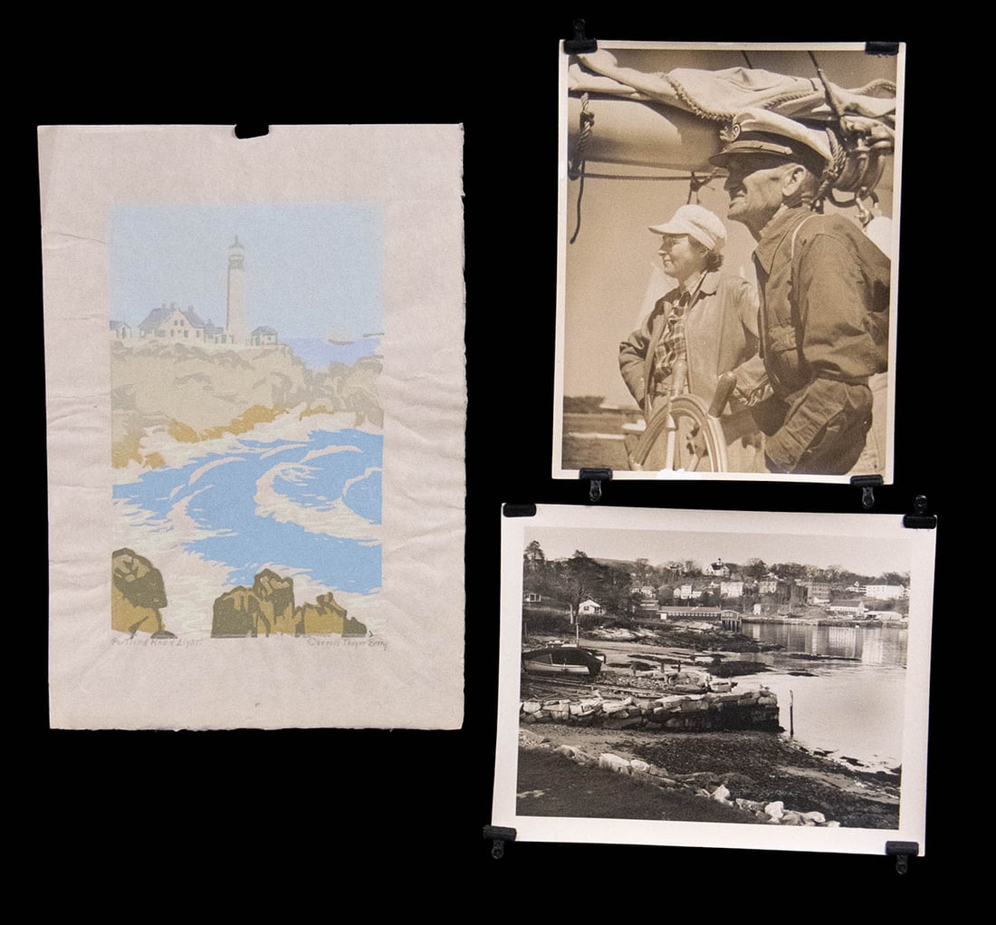 Carroll Thayer Berry, Portland Head Lighthouse & Photos: Carroll Thayer Berry (American, 1886-1978). "Portland Head Light" color linocut, n.d. Hand-signed and dated beneath plate. Accompanied by two black and white photographs. In "Portland Head Light," Car