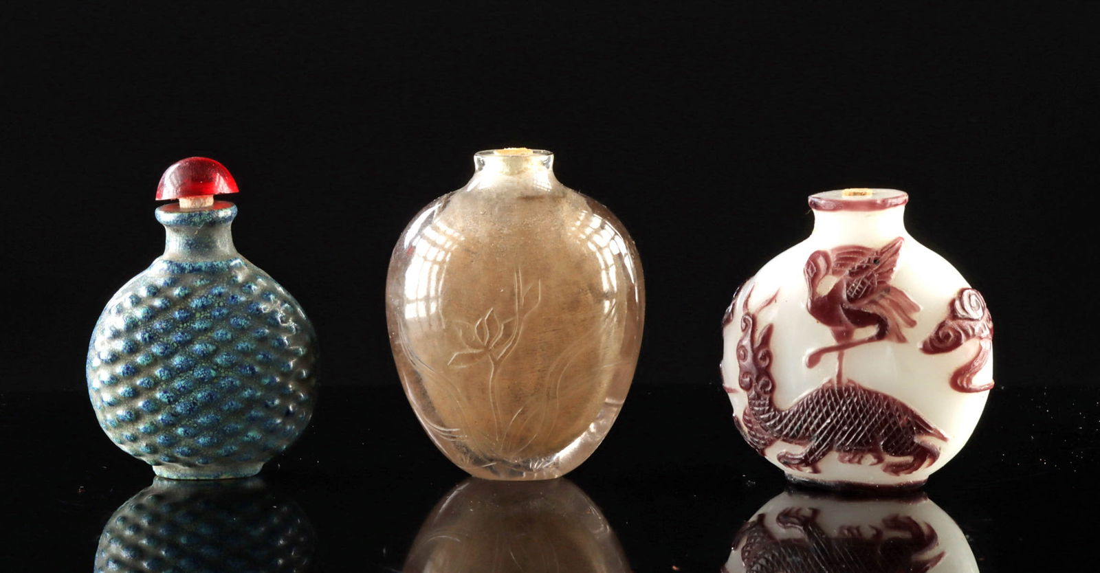 3 Chinese Peking Glass, Pottery & Quartz Snuff Bottles (1 of 2)