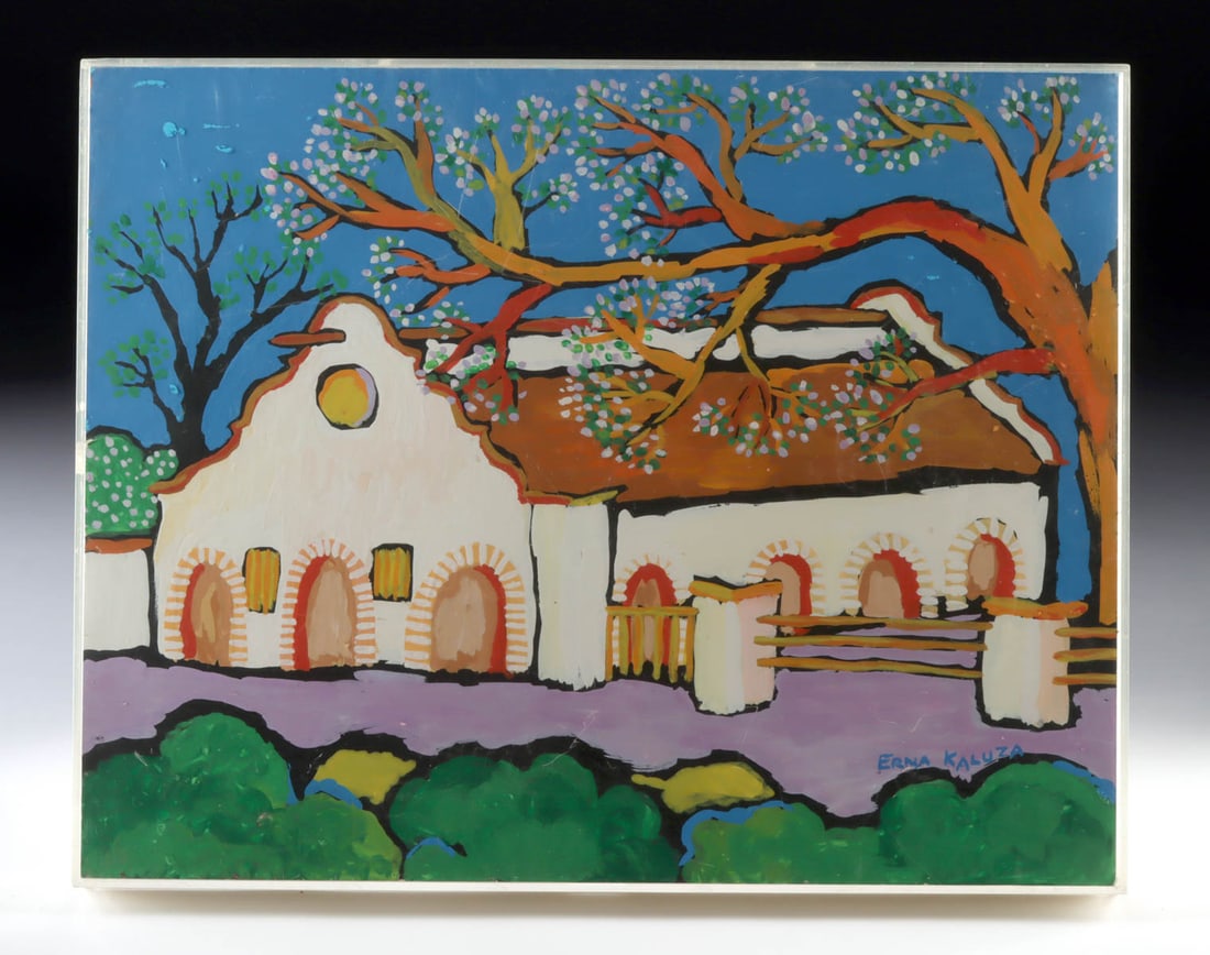 Erna Kaluza Painting - Mission Style Hacienda: Erna Kaluza (Austrian-born American, b. 1940s). Mission Style Hacienda. Acrylic on board, n.d. Signed at lower right. A cheerful vision of place unfolds in this painting by Erna Kaluza, where architec