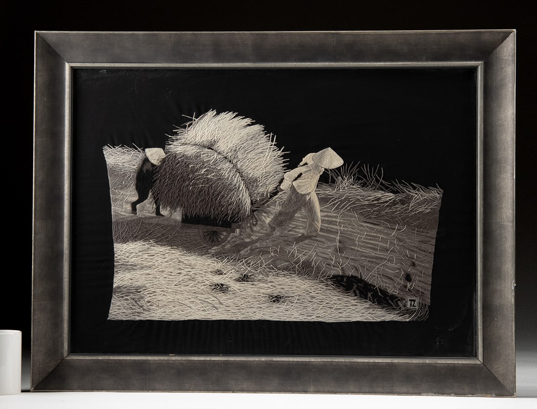 Vietnamese Silk Embroidery by TZ - Rice Workers: TZ (Vietnamese, 20th to 21st century). Rice workers in the field. Embroidered silk, n.d. Signed "TZ" at lower right. A quietly mesmerizing Vietnamese embroidered silk scene, capturing the rhythm of ru