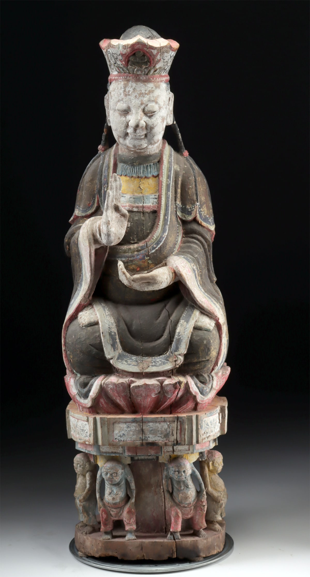 18th C. Chinese Qing Wood Guanyin w/ Demons: East Asia, China, Qing Dynasty, ca. 18th to 19th century CE. From the heart of the Qing dynasty, a woodcarving of rare and wondrous artistry emerges, a singular testament to the remarkable folk art of
