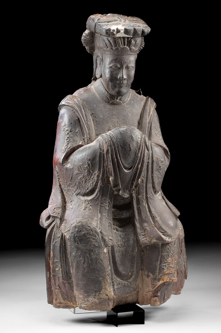 Qing Lacquered Matsu Sculpture - Guardian of the Sea: East Asia, China, Qing Dynasty, ca. 18th century CE. A venerable lacquered wood sculpture of Mazu (also known as Matsu), the beloved sea goddess of Chinese coastal folk religion, portrayed here in sea