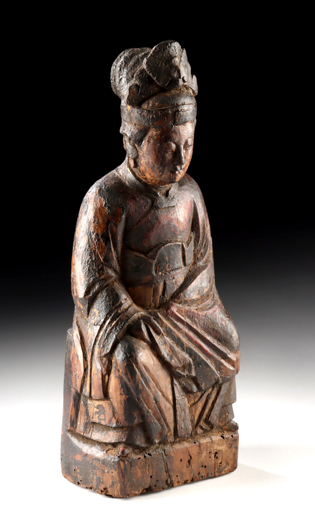18th C. Chinese Wood Xiwangmu Queen Mother of the West: East Asia, China, Qing Dynasty, ca. 18th century CE. A lovely lacquered wood home altar figure of Xiwangmu, the Queen Mother of the West - one of the most revered deities in Daoist tradition. Depicted