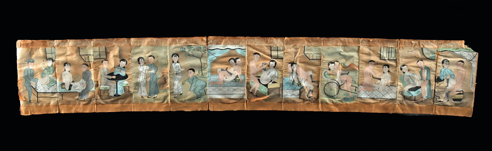 Chinese Early Republic-Era Paper Album Erotic Scenes: East Asia, China, Republic era, ca. early to mid-20th century CE. Painted erotic scenes on twelve concertina-style folding paper panels form a continuous sequence of intimate vignettes, executed in op
