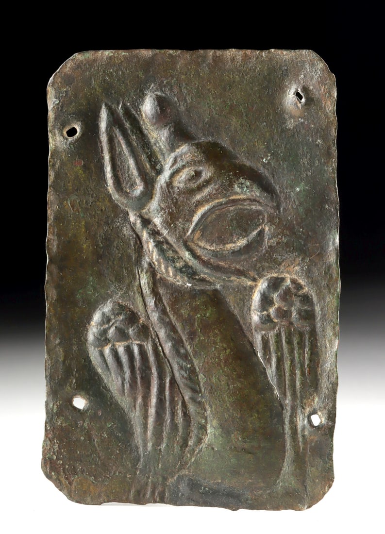 Ancient Persian Achaemenid Copper Plaque of Griffin: Near East / Greek cultures, Iran (Persia), Iron Age II, Hasanlu Period IV to Achaemenid Empire, ca. 1150 to 300 BCE. A rectangular copper repousse plaque depicting a griffin in profile, the mythic bea