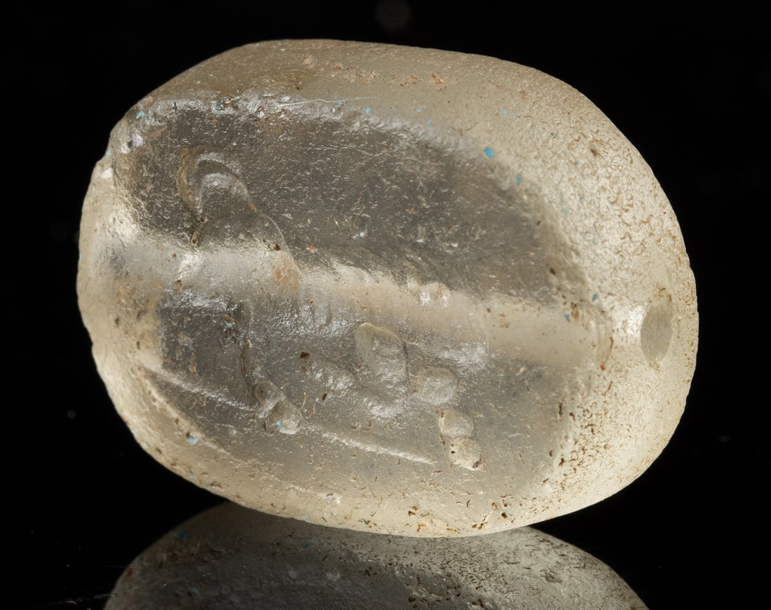 Parthian Glass Intaglio Stamp Seal Bead with Lion: Near East / Persia, Roman cultures / Parthian Empire, ca. 1st to 3rd century CE. A translucent intaglio glass stamp seal engraved with a lion or boar prancing to the right in profile, its rounded form