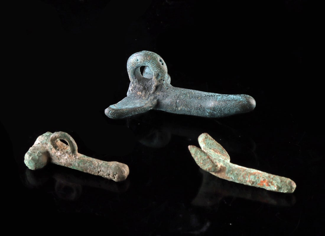 Three Roman Phallic Fascina Amulets - Bronze & Lead (1 of 2)