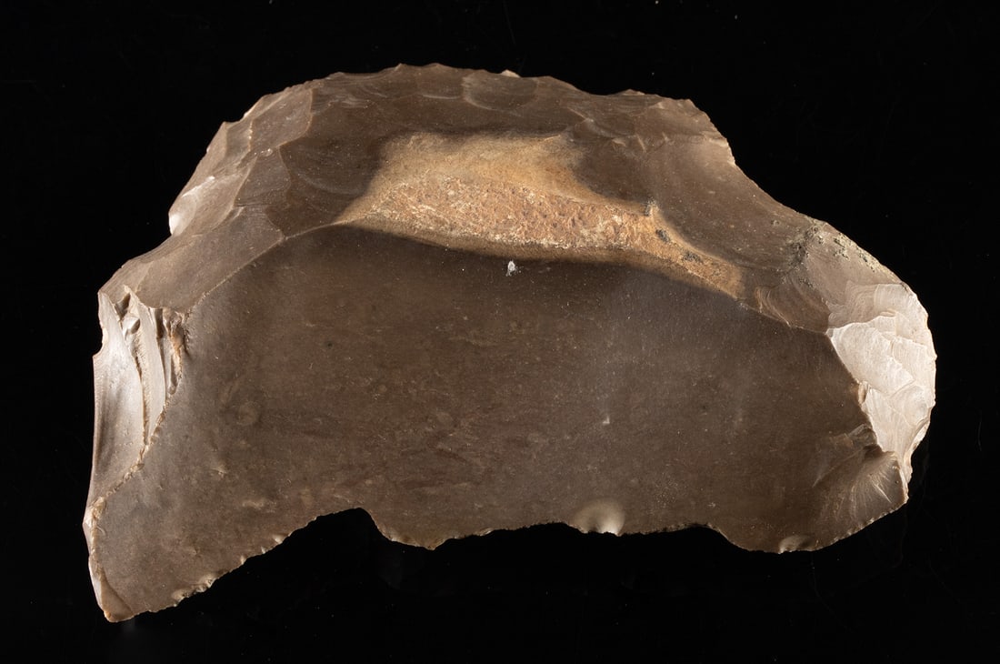 Prehistoric French Acheulean Flint Scraper Tool: Western Europe, Paleolithic, Acheulean period, ca. 1,000,000 to 200,000 years ago. A substantial scraper tool knapped from flint, displaying broad flake scars and a gently curved working edge shaped