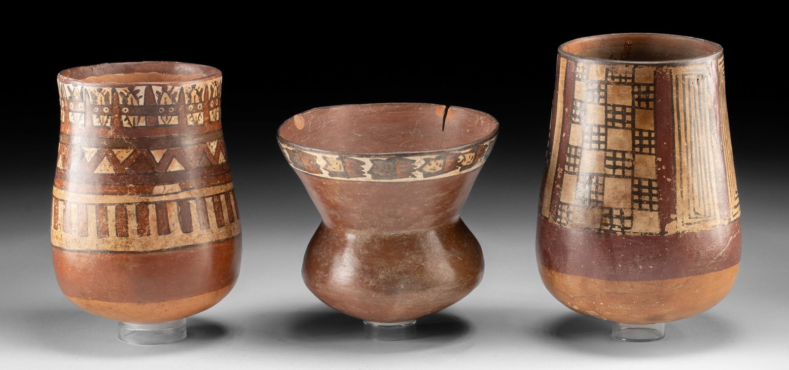 3 Nazca Pottery Jars w/ Trophy Heads & Geometric Motifs (1 of 3)