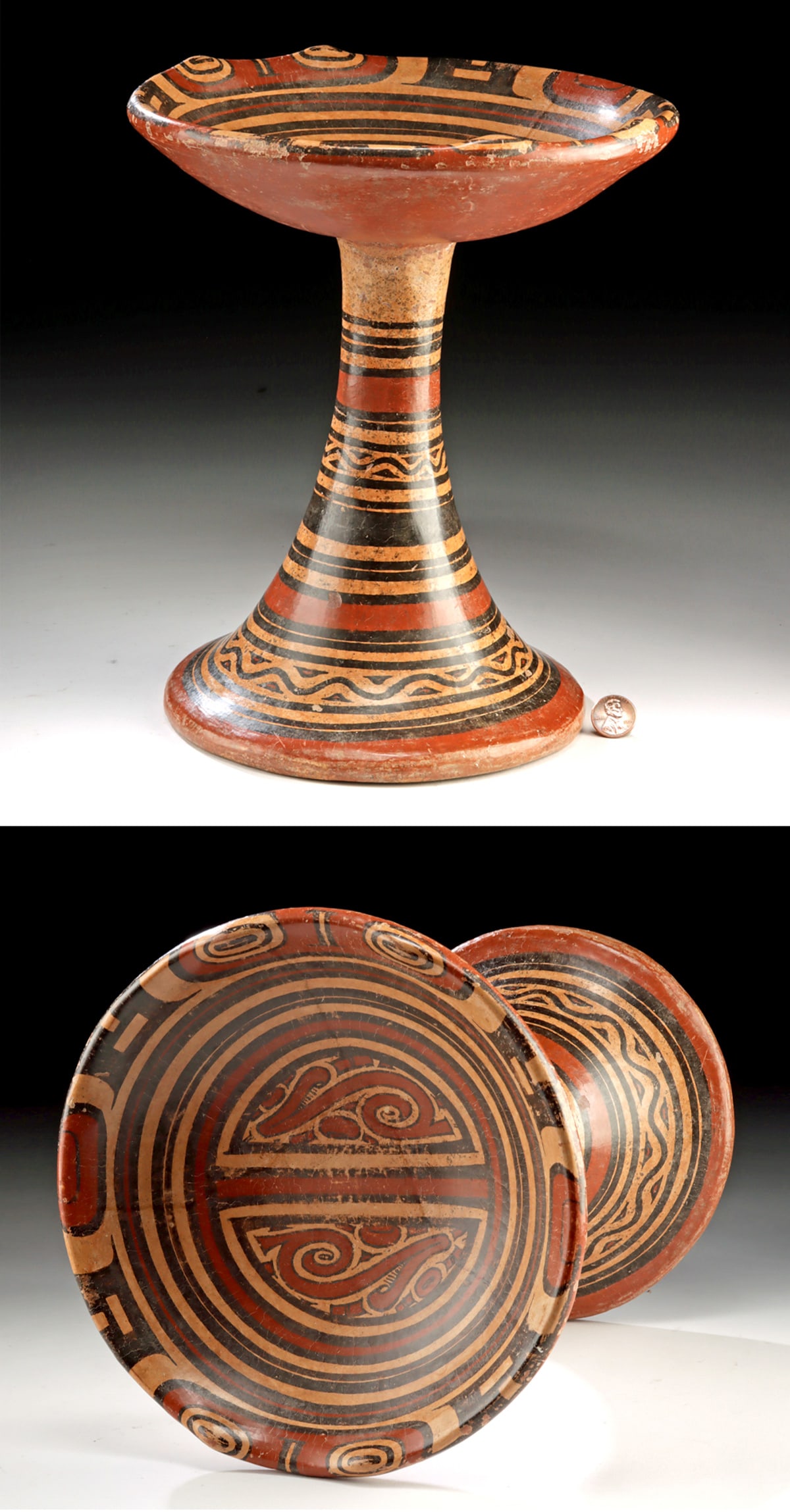 Gran Cocle Polychrome Fruitera Pedestal Plate: Pre-Columbian, Central America, Panama, Gran Cocle culture, ca. 800 to 1400 CE. A commanding Gran Cocle pottery fruitera rises with architectural confidence, its broad shallow dish elevated on a tall