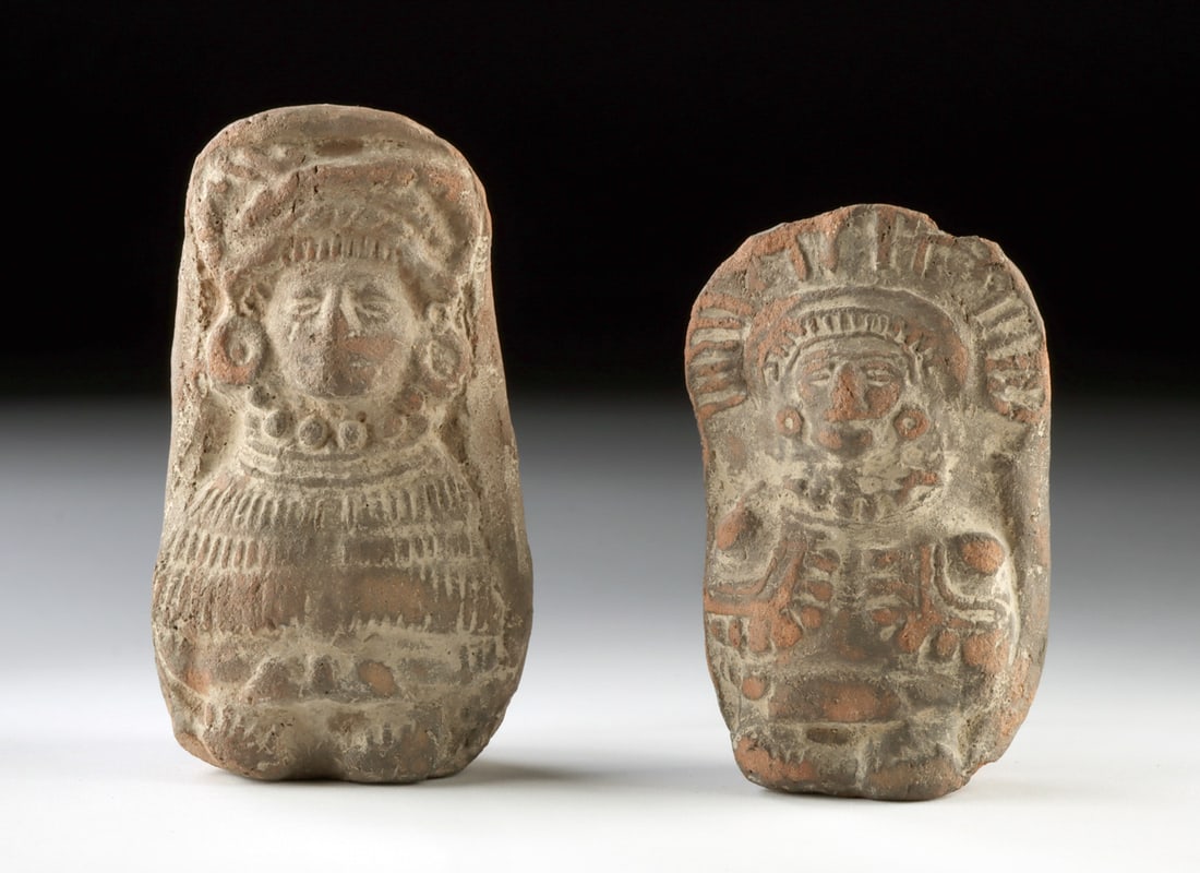 Two Aztec Pottery Figural Vessels - Deity Cihuacoatl: Pre-Columbian, Central Mexico, Aztec culture, ca. 1325 to 1521 CE. A compelling pair of Aztec pottery figural vessels, each modeled in human form with pronounced headdresses and incised facial feature