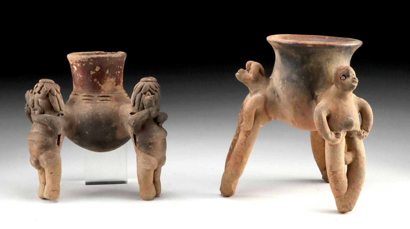 Costa Rican Ticaban Tripod Vessels with Figural Legs: Pre-Columbian, Atlantic Watershed, Costa Rica, Ticaban style, ca. 1 to 500 CE. A lively and engaging pair of Costa Rican Ticaban-style tripod vessels, each animated by sculptural legs that turn functi