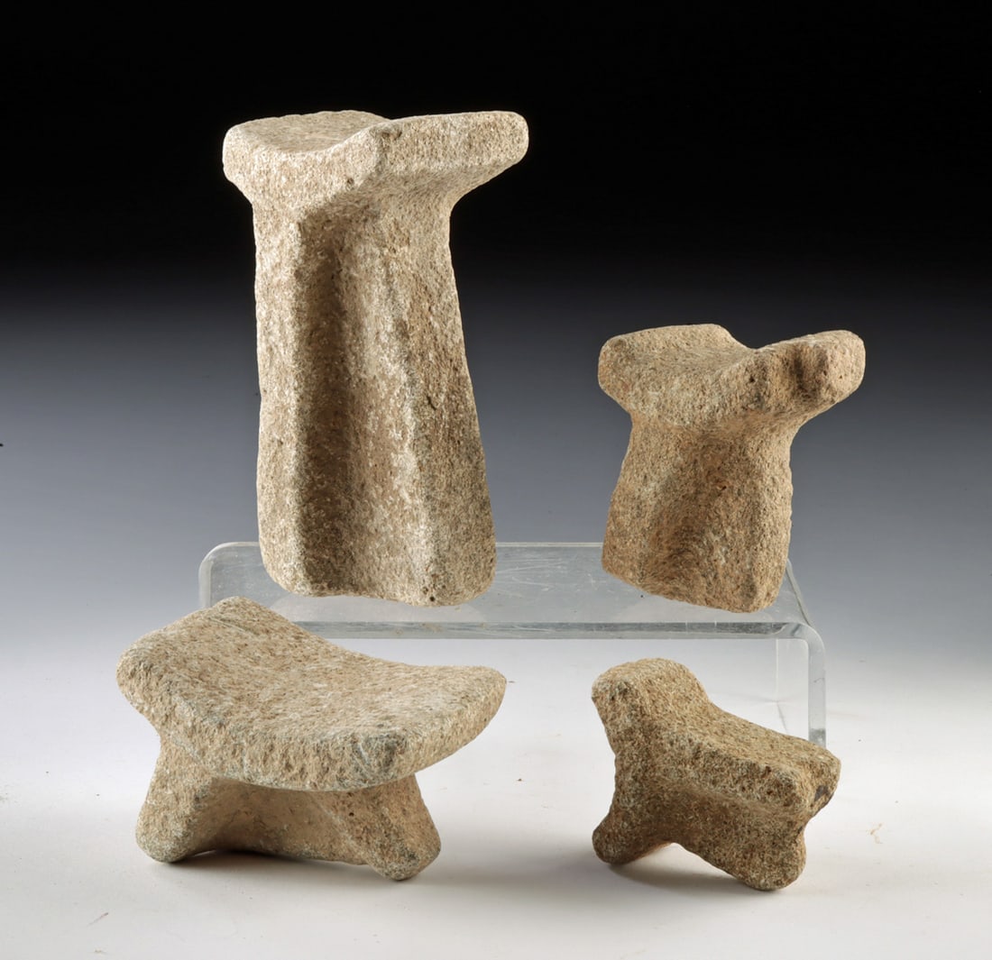 Four Costa Rican Stone Metate Grinding Stones: Pre-Columbian, Central America, Costa Rica, ca. 700 to 1500 CE. A distinctive group of four Costa Rican stone grinding stones of miniature or handheld size, carved from coarse-grained volcanic stone