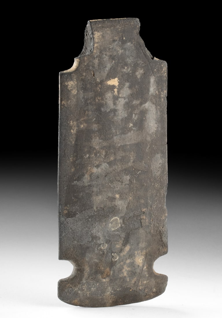 Hohokam Slate Implement or Pigment Palette: Native American, Southwest United States, Hohokam culture, ca. 500 to 1400 CE. A substantial Hohokam slate implement or pigment palette carved from a dark, fine-grained stone slab and shaped into a lo