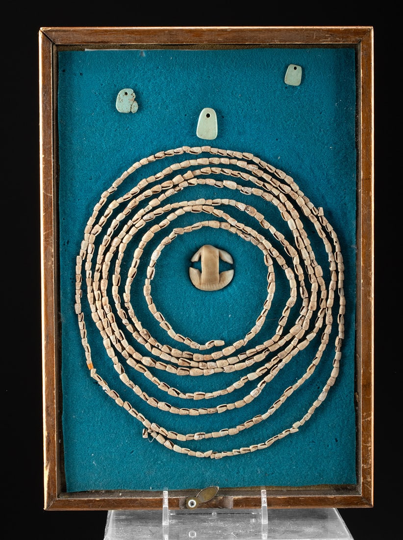 Hohokam & Anasazi Shell Beads & Turquoise Pendants: Native American, Southwestern United States, Hohokam & Anasazi (Ancestral Puebloan) culture, ca. 1000 to 1500 CE. A display featuring a large strand of tiny marine olivella shells that have been cut,