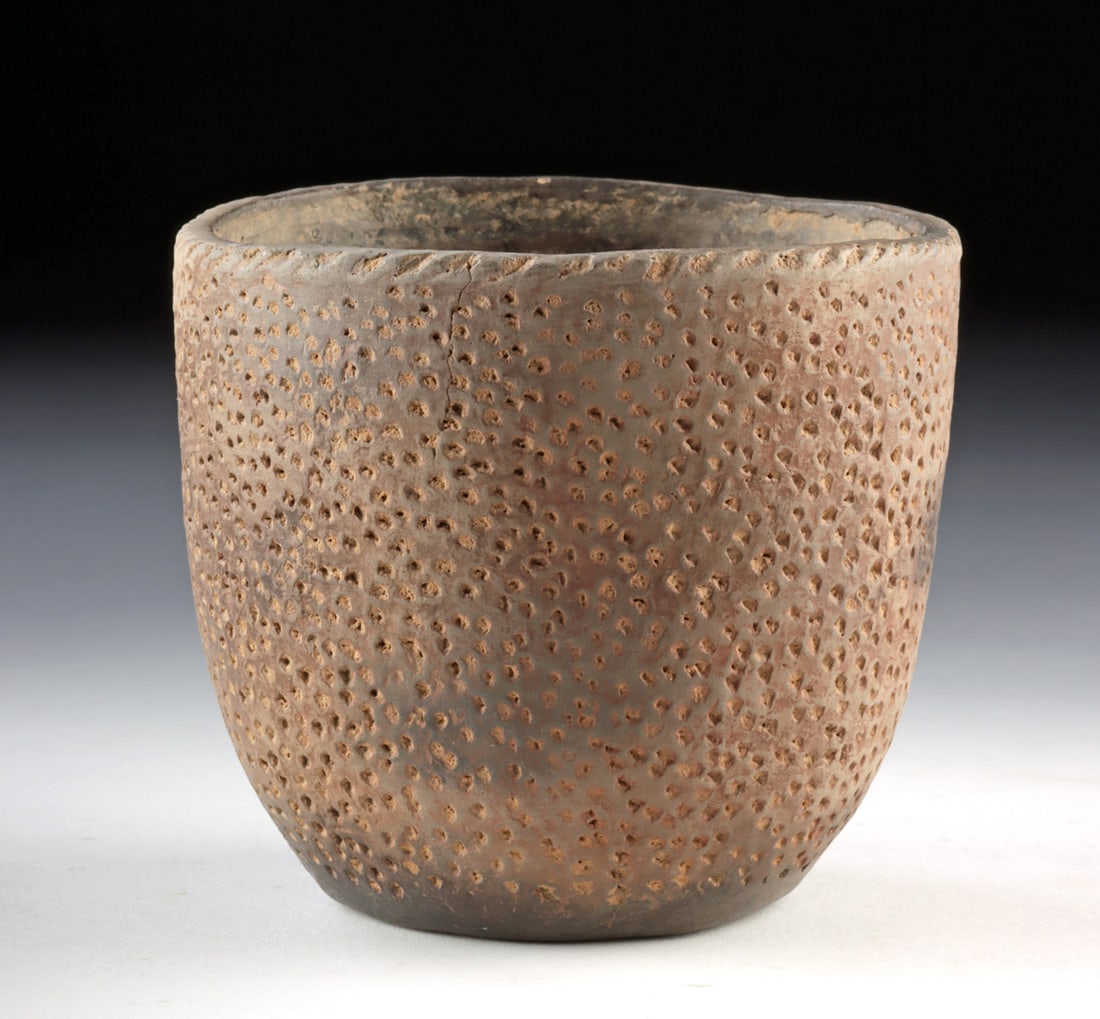 Rare Mississippian Pottery Punctate Jar: Native American, Southeastern United States, Mississippian culture, ca. 1000 to 1500 CE. A boldly textured Mississippian pottery jar distinguished by its dense field of punctate decoration. The vessel