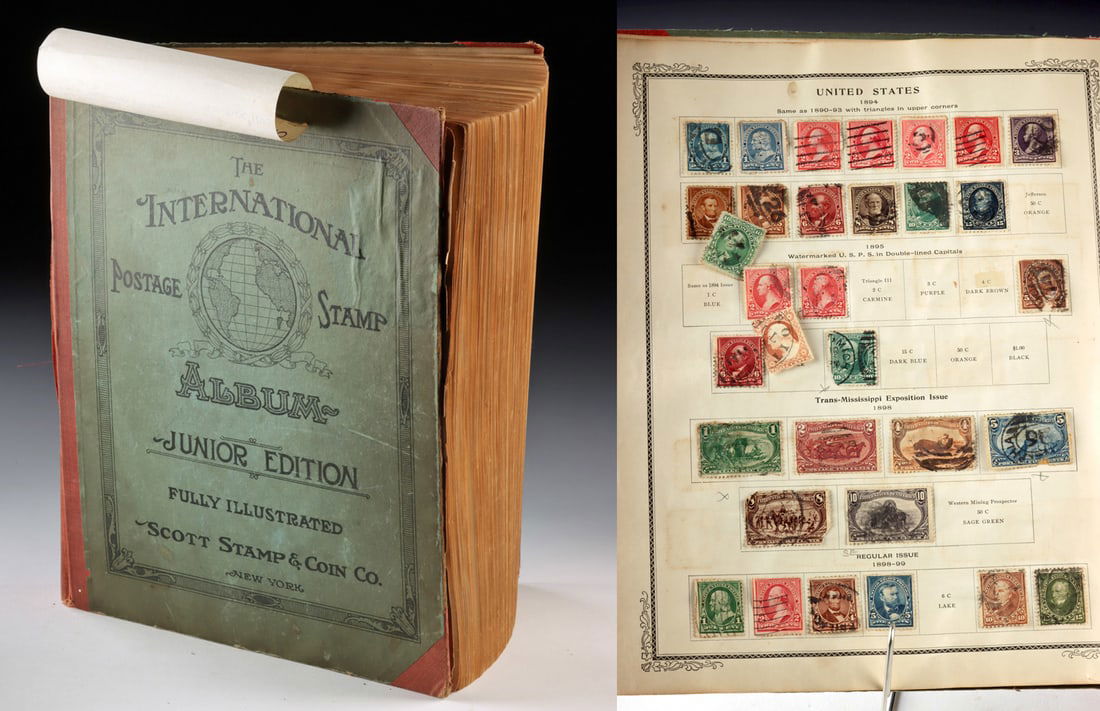 1921 Scott International Postage Album + Stamps: United States, ca. 1921 CE. An illustrated stamp collecting album titled "The International Postage Stamp Album Junior Edition," published by Scott Stamp & Coin Co., New York in 1921. The hardbound vo