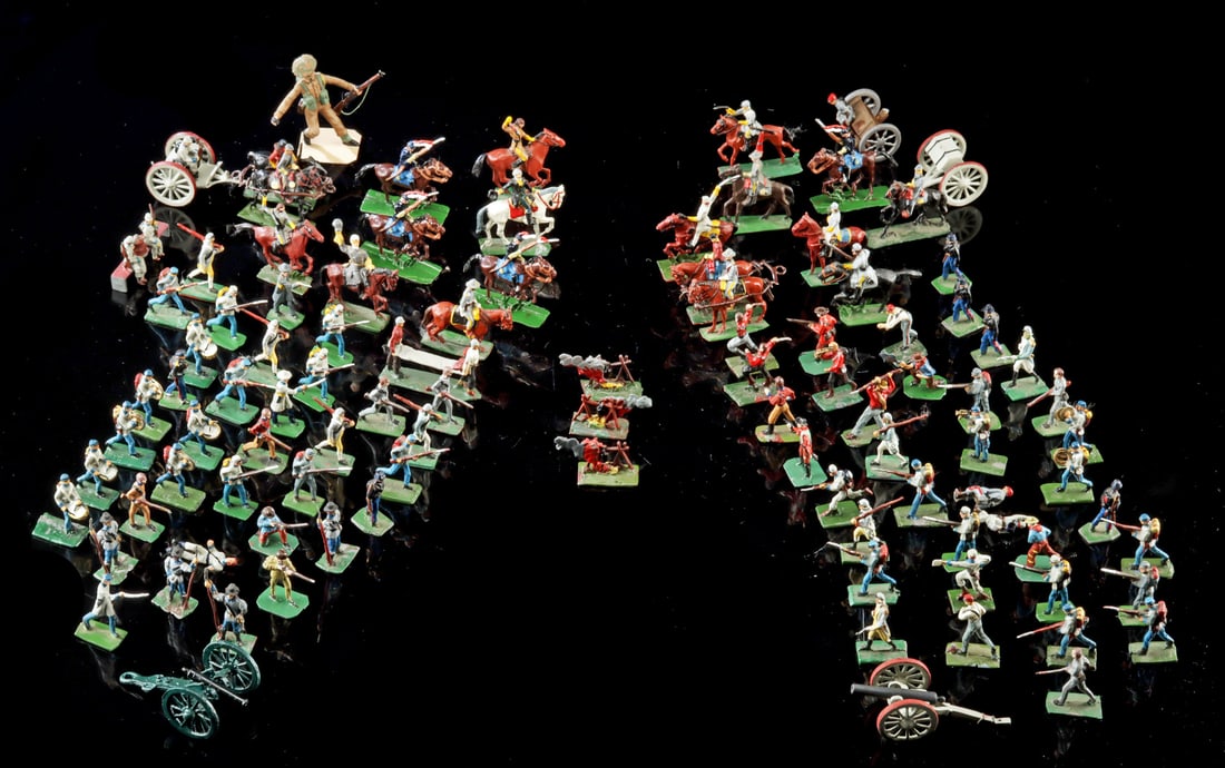 1960s Miniature Lead 32mm US Civil War Soldiers by SAE: England / South Africa, ca. mid-20th century CE. An assorted group of lead miniature soldier figures depicting primarily United States Civil War-era Union and Confederate troops, including infantry, c