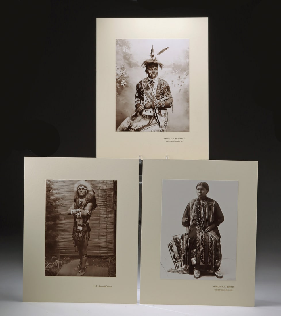 3 H.H. Bennett & Ruth Bennett Dyer Photo Prints (1998): Henry Hamilton Bennett (Canadian-American, 1843-1908). Two photograph prints: (1) "Young Eagle" 1904 and (2) "Studio Portrait of Ho-Chunk Woman" 1900; Ruth Bennett Dyer (American, 1895-1982). One phot