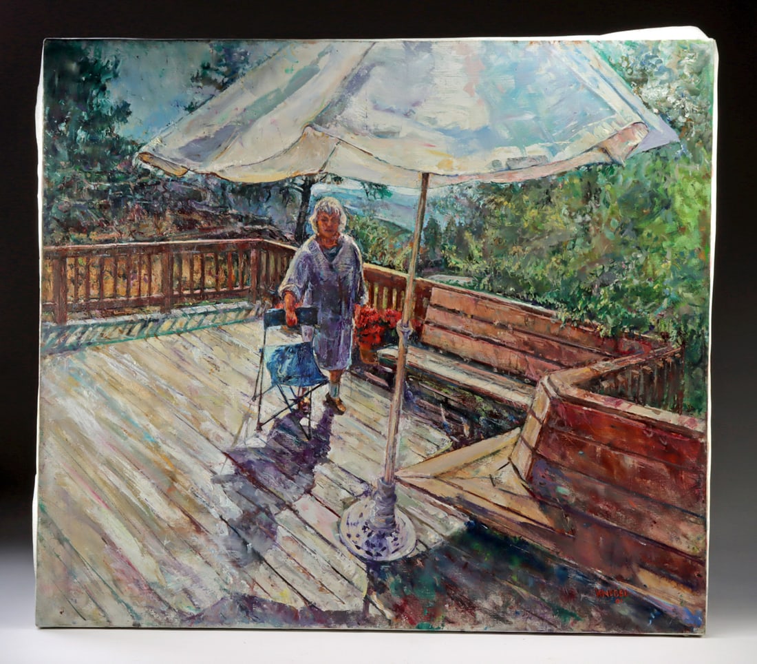 Arthur Knebel Painting "On the Deck" (2001): Arthur Knebel (American, 1925-2013). "On the Deck" oil on canvas, 2001. Signed and dated at lower right. Sunlight spills across a wide wooden deck in Arthur Knebel's lively composition "On the Deck,"